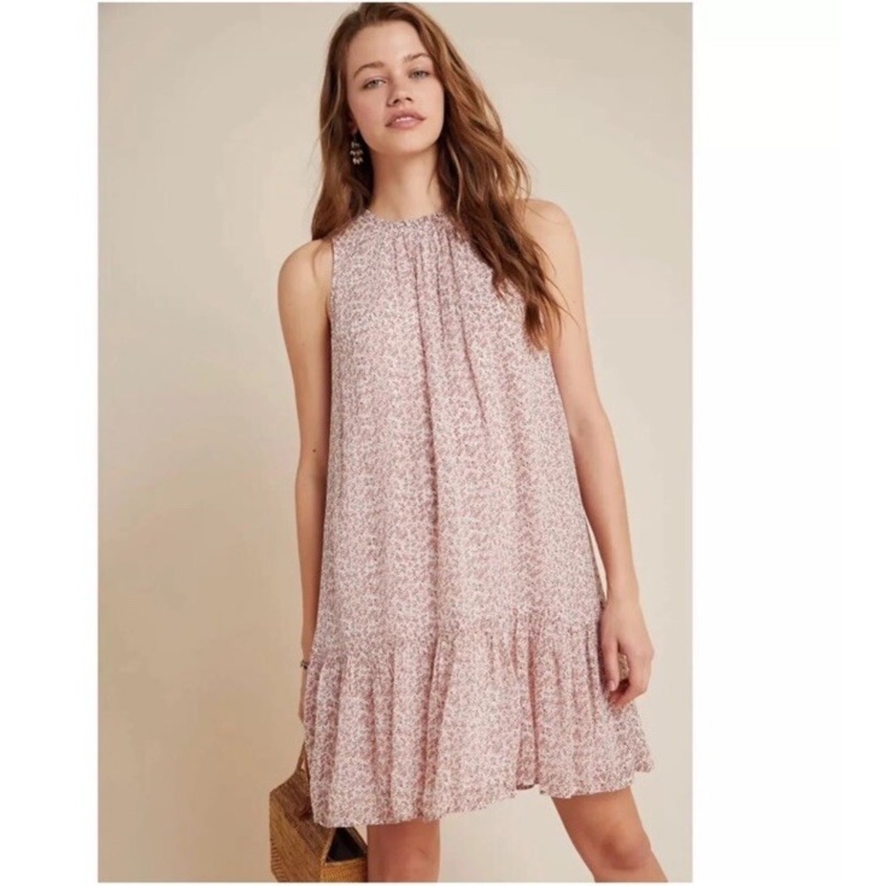 Anthropologie Natalie Flounced Tunic Dress XS Peach Pink Floral Mini